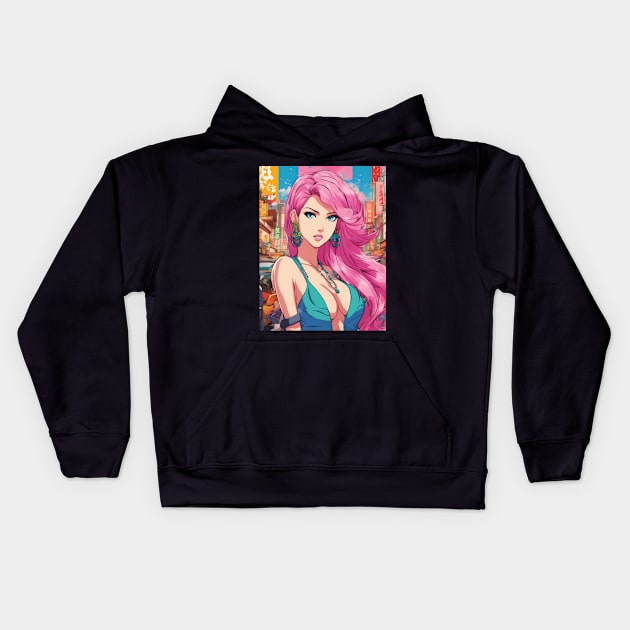 Anime Nation Colorful Pink Hair Beautiful  Style  Waifu Kids Hoodie by animegirlnft